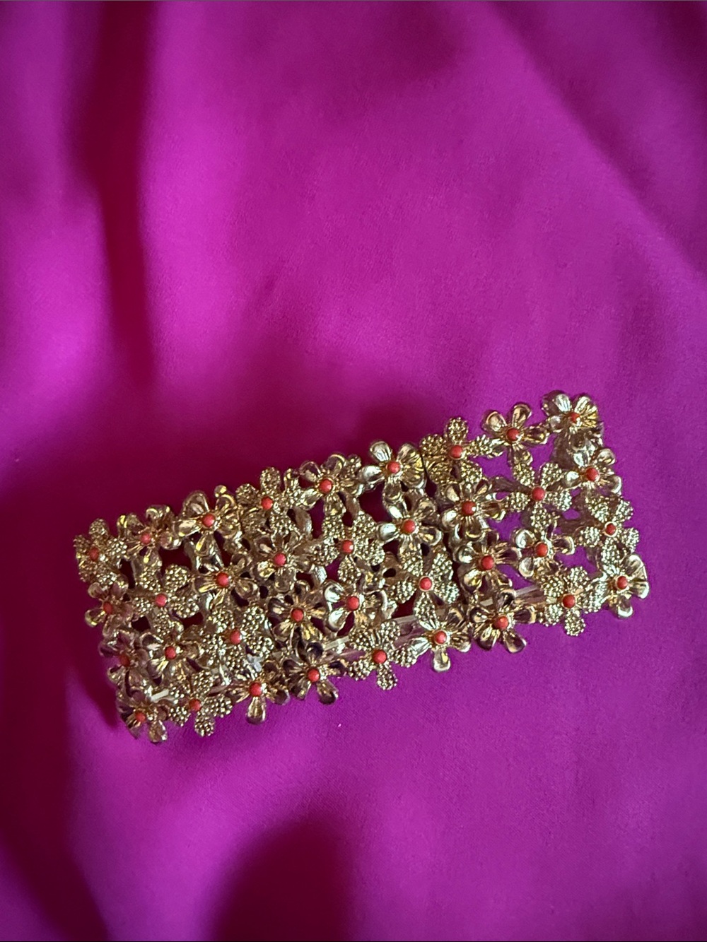 Gold Floral Filigree Statement Bracelet - Coral Accent